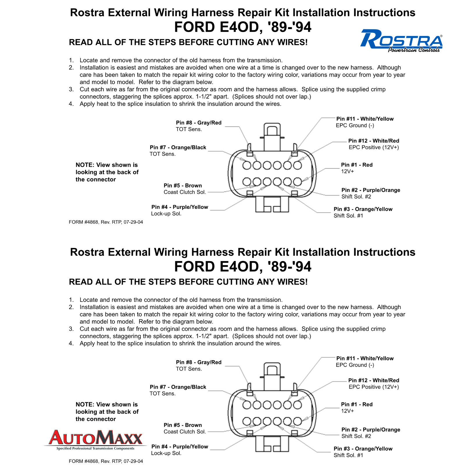 Ford 1989-94 E4OD Wiring Harness Repair Pigtail for Solenoid Assembly Rostra