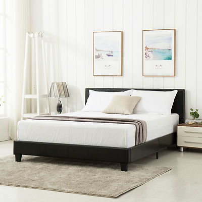 Queen Size Platform Bed Frame Faux Leather amp Slats Upholstered Headboard Bedroom