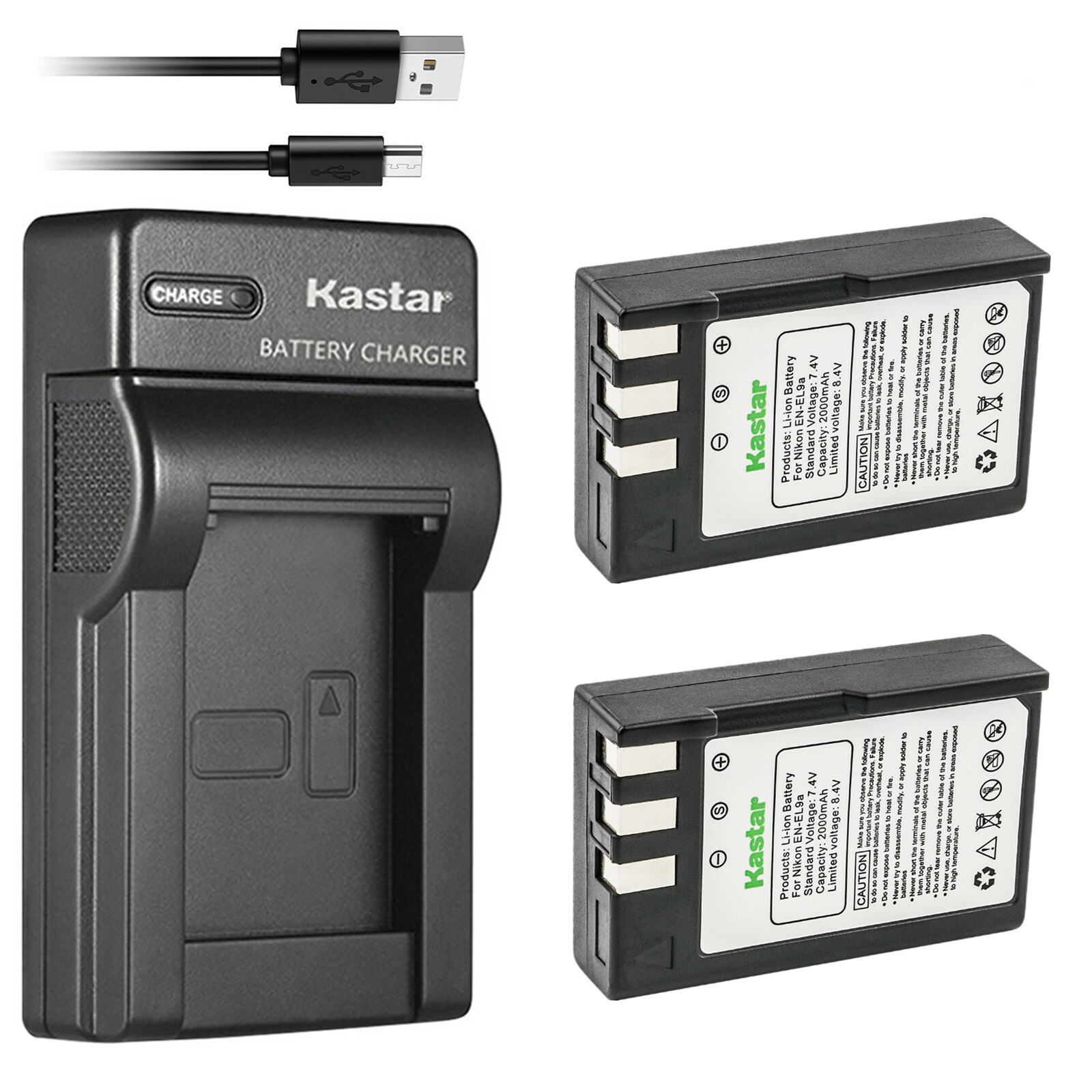 Kastar 2Pcs Battery + Charger for Nikon EN-EL9 EN-EL9a D40 D40X D60 D3000 D5000