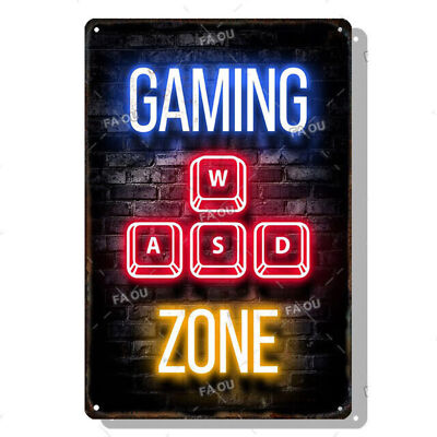 Game Room Gaming Neon Light Glow PC Design Pad Artwork Wall Metal Poster Plaque