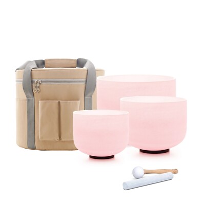 Hye-eun 3pcs Pink 8''G 10''E 12''C Frosted Quartz Crystal Singing Bowl Chakra Set