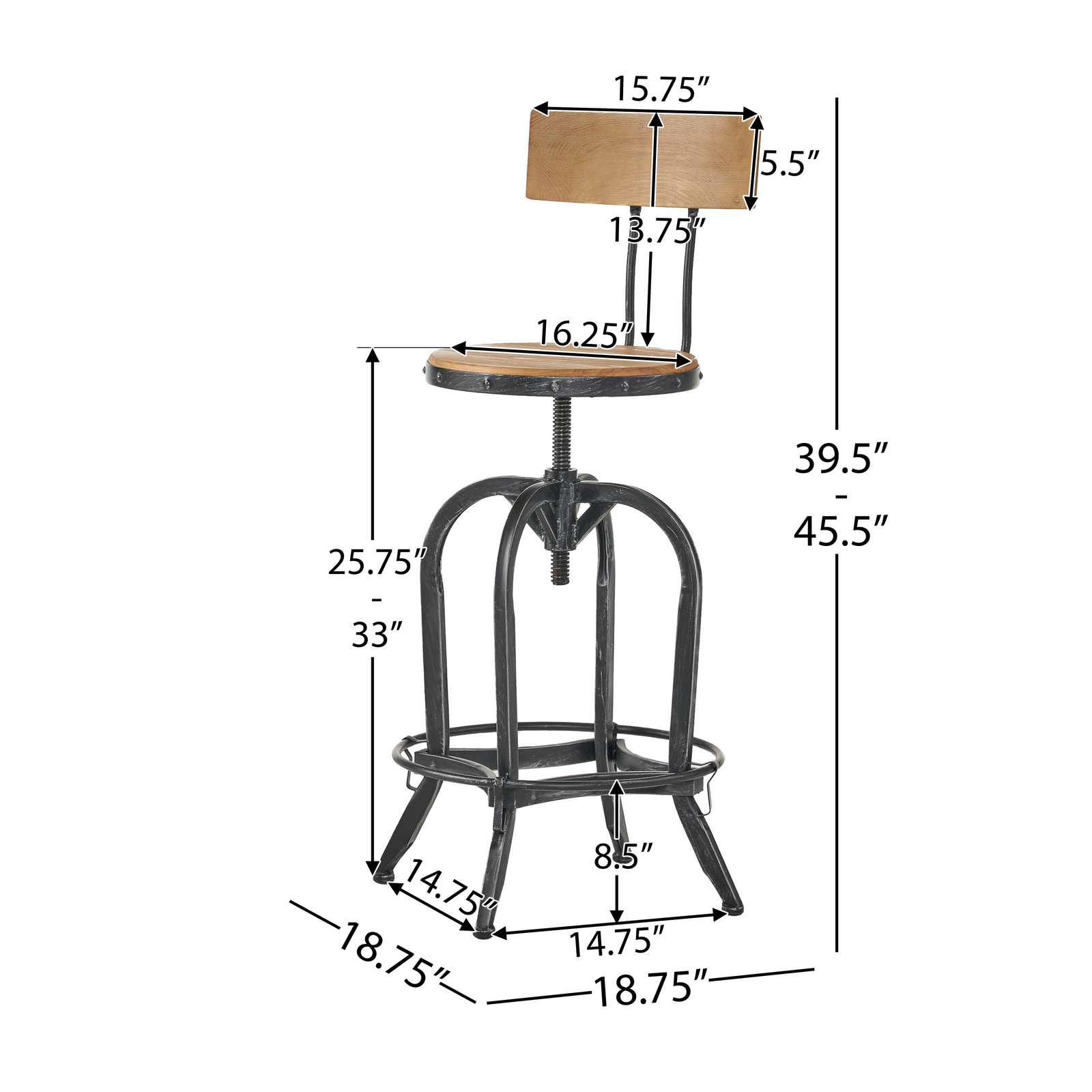1 Set Outdoor Bar Stool Armless Bar Height Patio Chairs Wood Back Metal Frame