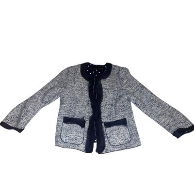 Zara Tweed Ruffle Hem Blazer Sz s Blue Cropped 3/4 Sleeve Office siren Secretary