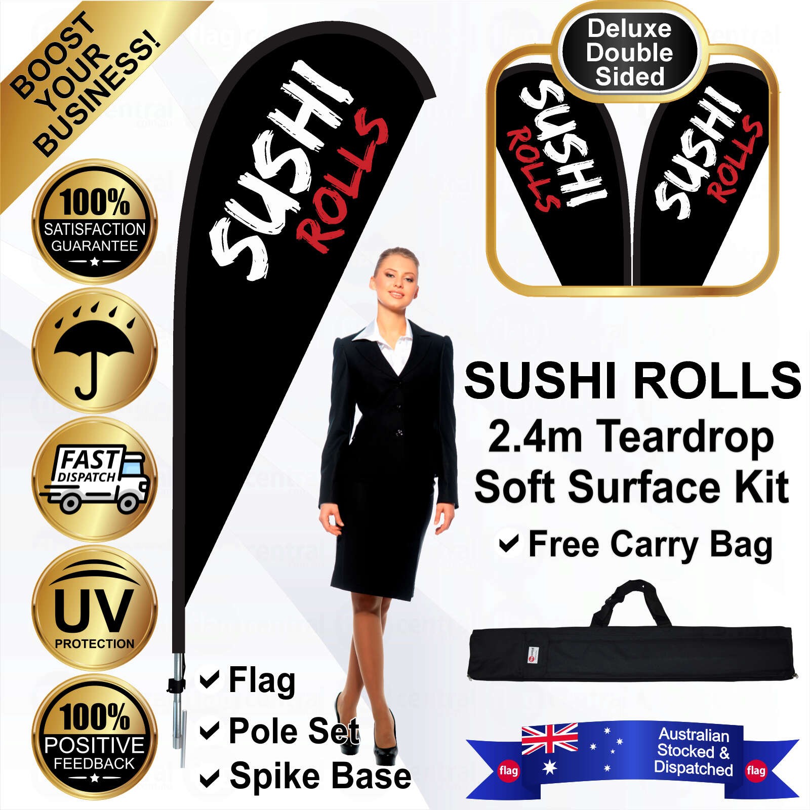 SUSHI ROLLS Deluxe Double-Sided Black 2.4m Teardrop Flag / Banner Kit with Pole Set, Galvanised Steel Ground Spike and a Free Carry Bag