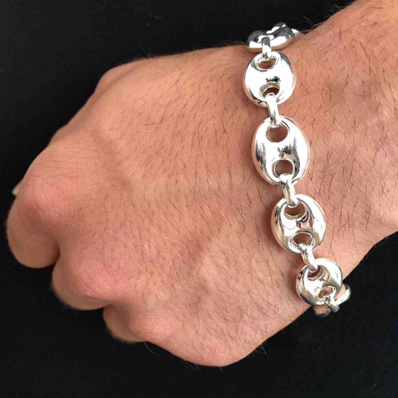 Pre-owned Handmade Mens Puffed Marina Link Chain 17mm Bracelet 49gr 9.44" 925 Sterling Silver