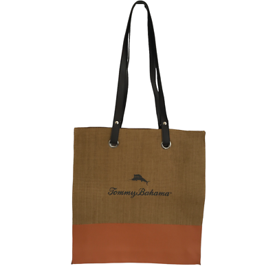 Tommy Bahama Canvas Tan Burlap Beach Shopping Tote Bag Spell Out