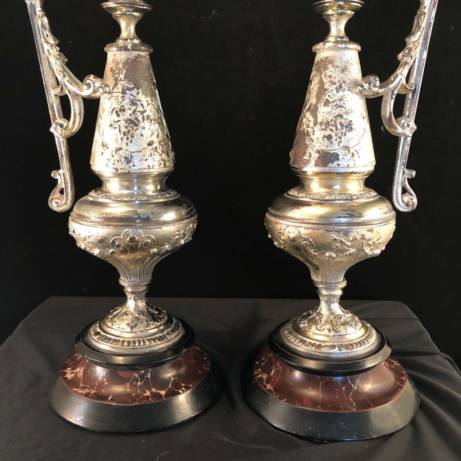 Pair of Decorative Silver Metal Ewers On Marble Bases Vintage Very Heavy