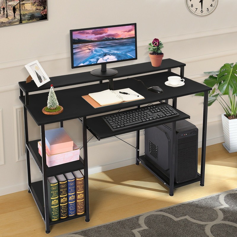 Computer Desk With Monitor Stand Storage Shelves Keyboard Tray For Home Office