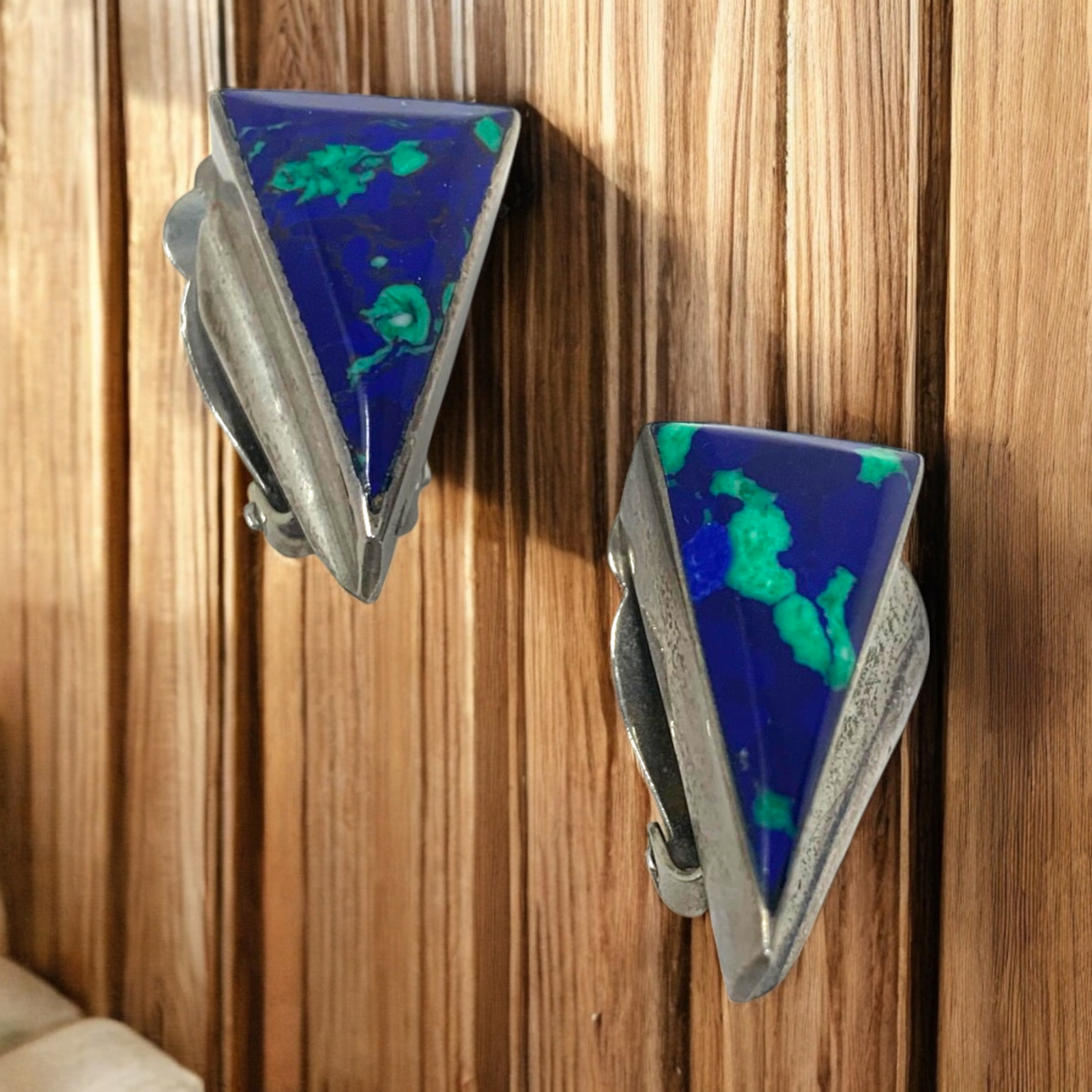 Vintage 1980s Modernist Earrings Sterling Malachite in Azurite Triangle Clip On