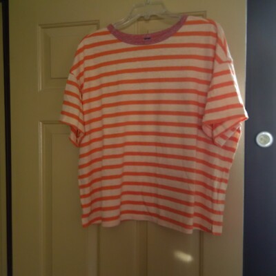 Old Navy women's linen/poly relaxed slouch tee orange beige stripe L Tall NWOT 