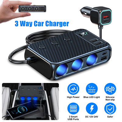 9-in-1 3Way Car Cigarette Lighter Socket Splitter Fast Charger Power Adapter 12V