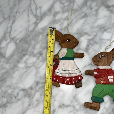 Vintage German Wooden Hand Painted Bunny Rabbits Easter Ornaments