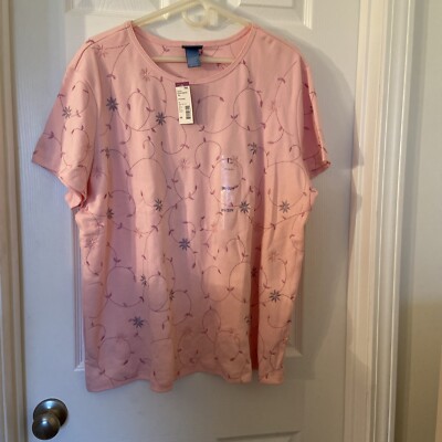 Classic Elements Pink Embroidered Short Sleeve Top Size 20-22W Round Neck NWT