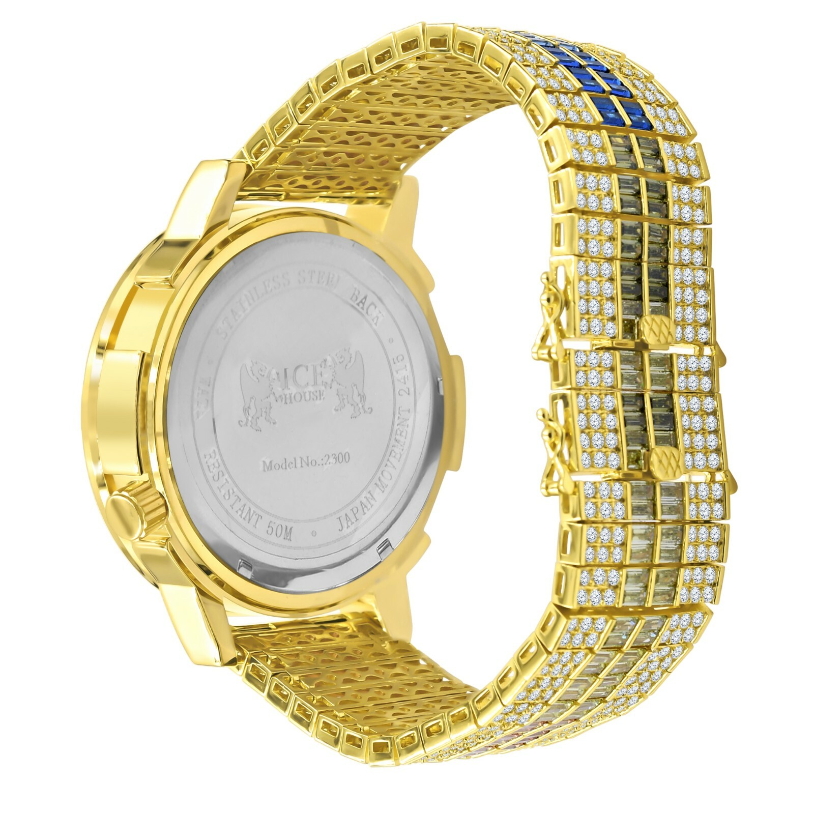 Pre-owned Ice Master Genuine Diamond Gold Tone 2 Time Zone Chronograph Baguette Rainbow Dial Watch