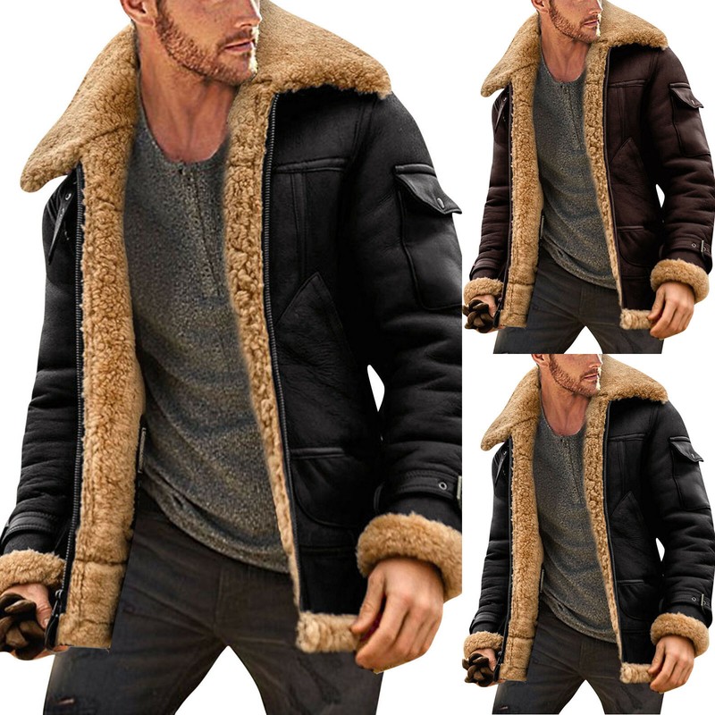 Mens Faux Leather Brown Bomber Fur Jacket Aviator Pilot Flying Winter Coat US