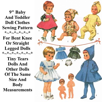 9'' Baby Doll Clothes Vintage Sewing Pattern For Straight Leg & Bent Knee Dolls
