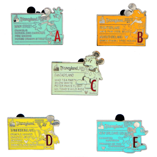 Disney Park "Tickets" Complete 5 Trading Pin Set -  A, B, C, D, E - Brand New