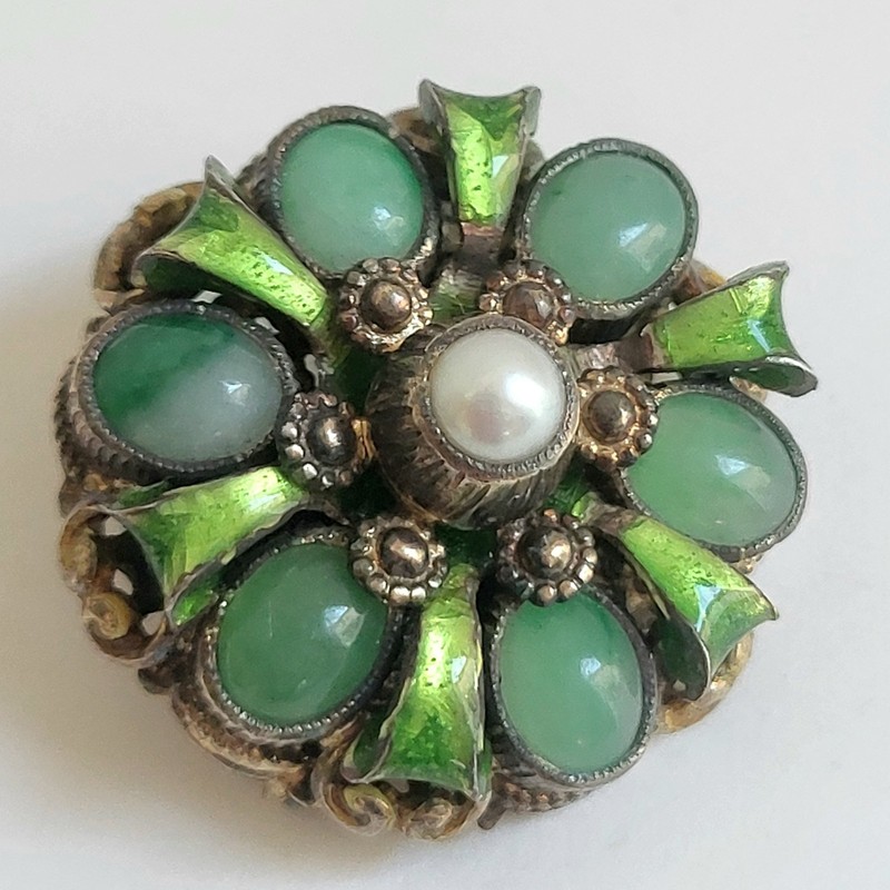 Broche DorÃ©E Pierres Et ÃMaux Verts Perle NacrÃ©E Austro-Hongroise Vers 1900