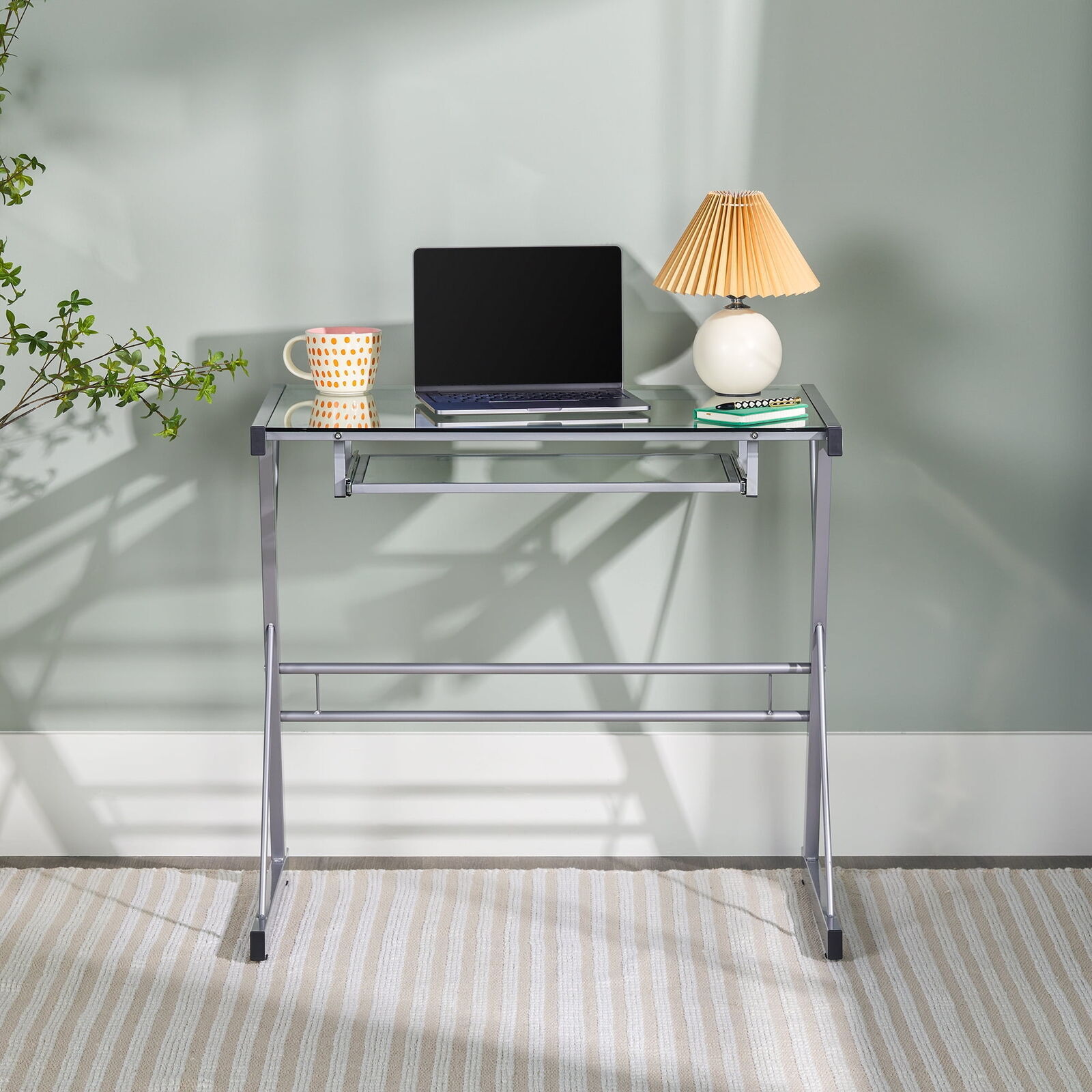 PC Holder Table Glass Top Computer Desk with Pull-Out Keyboard Tray, Silver