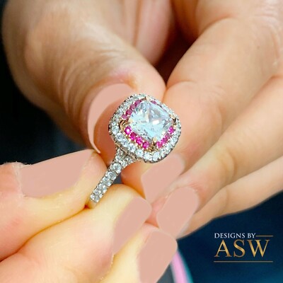 Pre-owned Asw 14k Solid White Gold Cushion Moissanite And Natural Diamonds And Ruby Ring 2.20