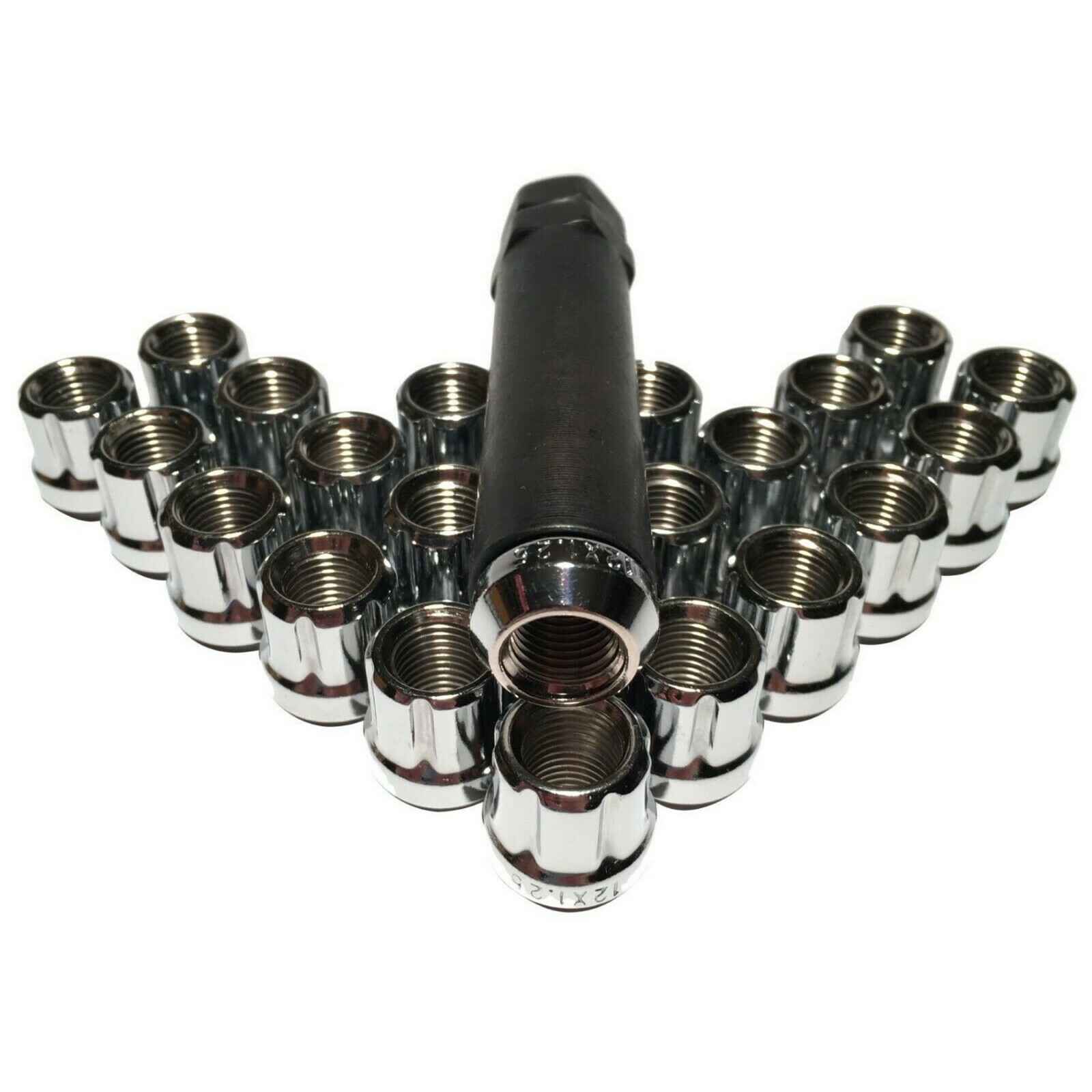 24 Open End 6 Spline Lug Nuts Tuner Style 12x1.25 Chrome Bulge With