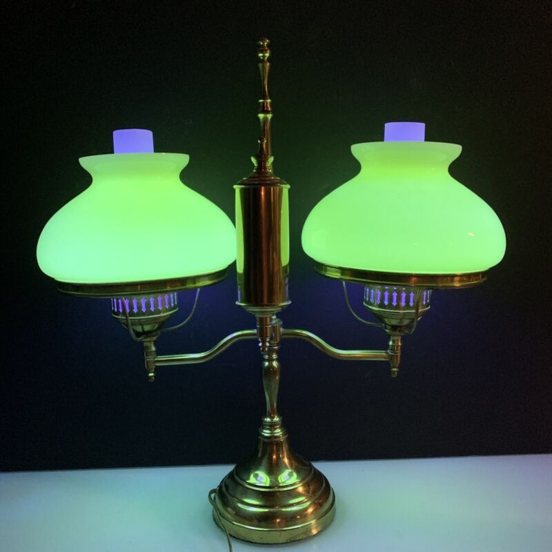 Depression Glass Student Lamp Brass Double Arm Custard Rare 3 Way 21”