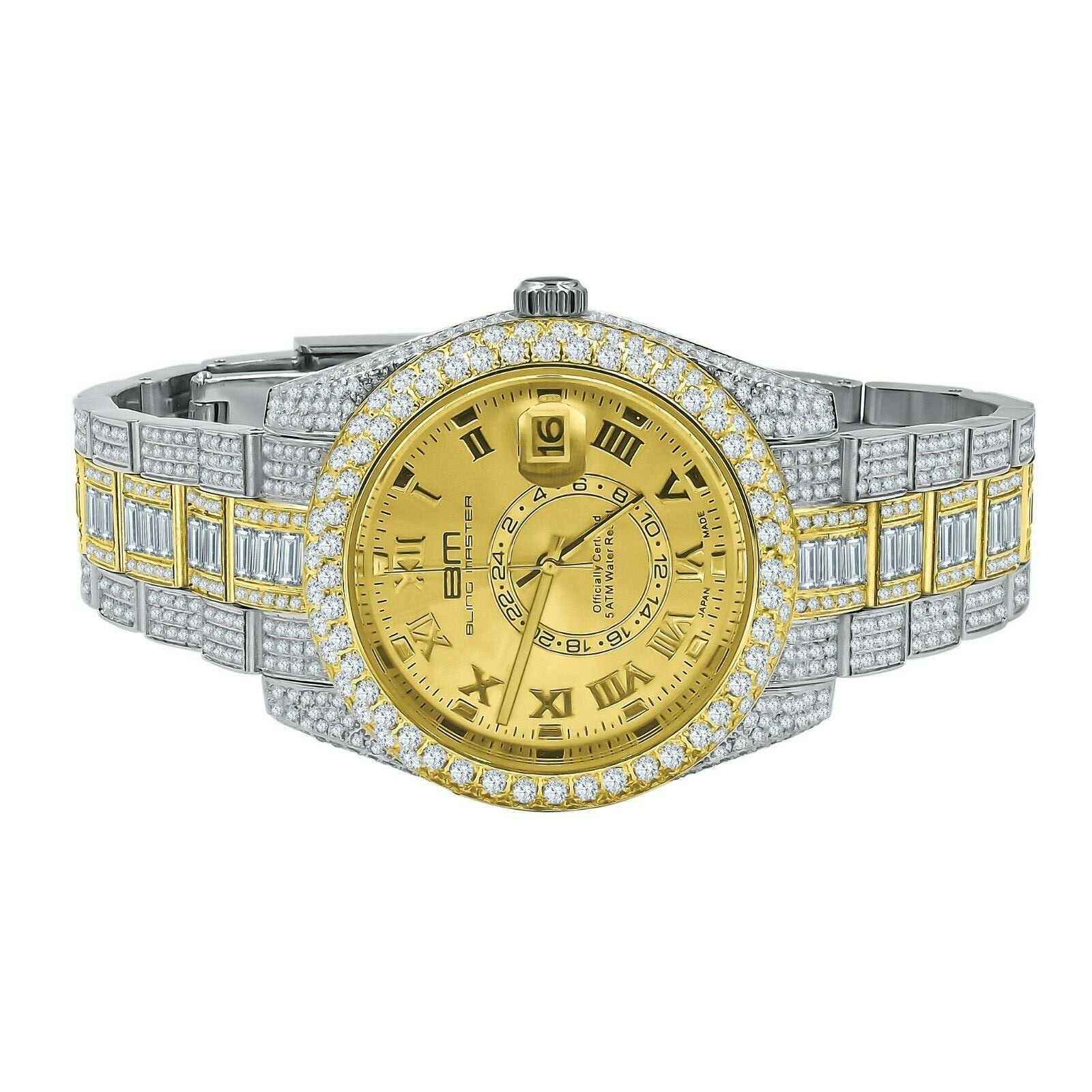 Pre-owned Bling Master 2 Tone Gold Tone Finish Full Stainless Steel Simulated Diamond Mens Watch W/date