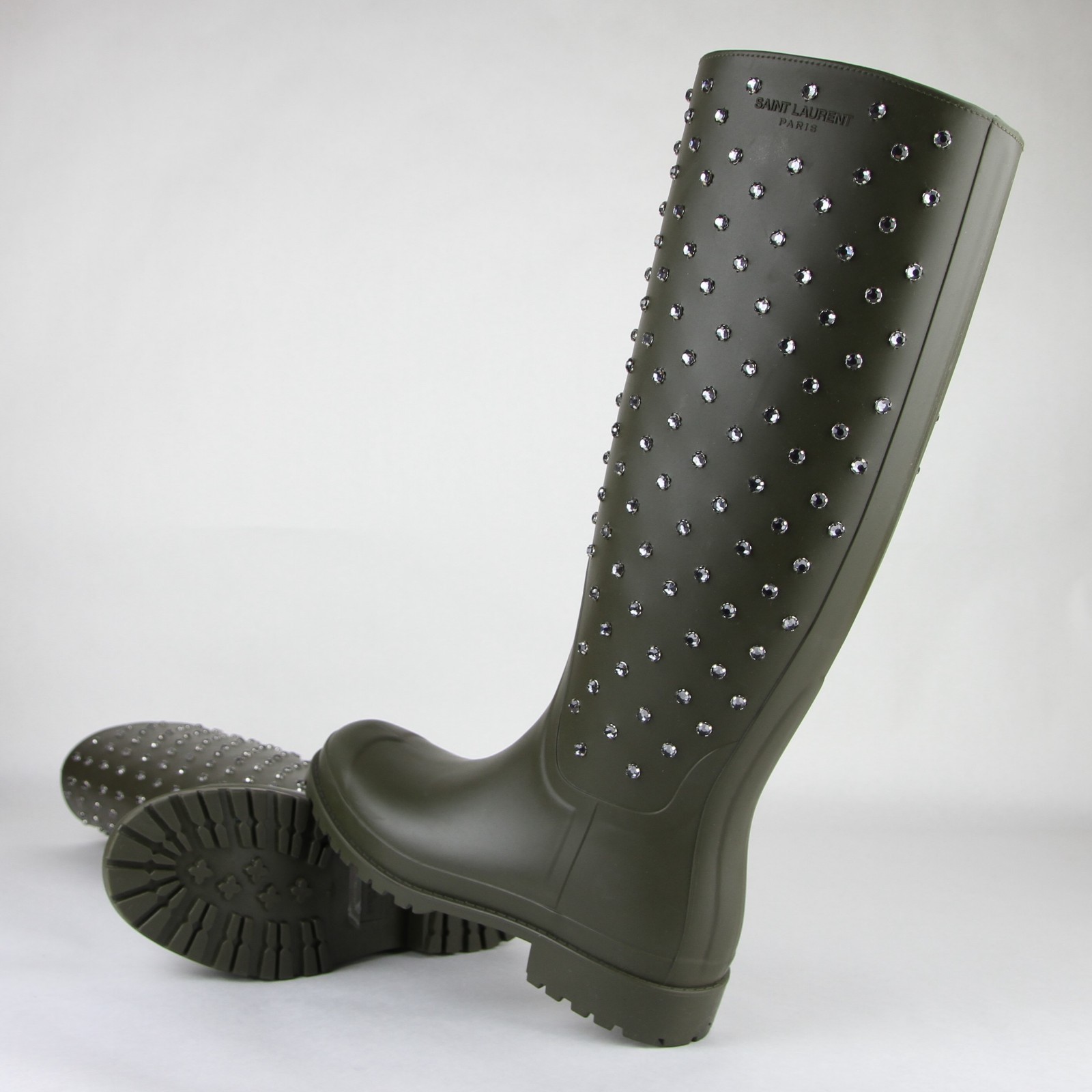 Pre-owned Saint Laurent Women Olive Green Rubber Rain Boots W/diamond Studs 427307 2906