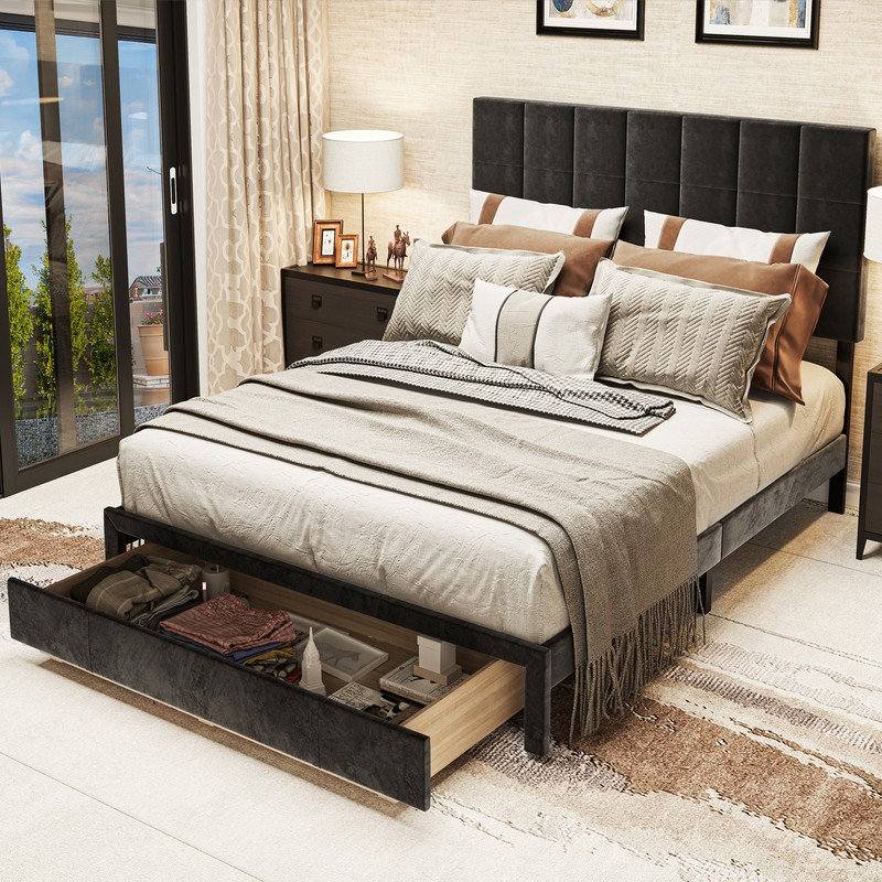 With Height Adjustable Headboard Storage Drawer Upholstered Platform
