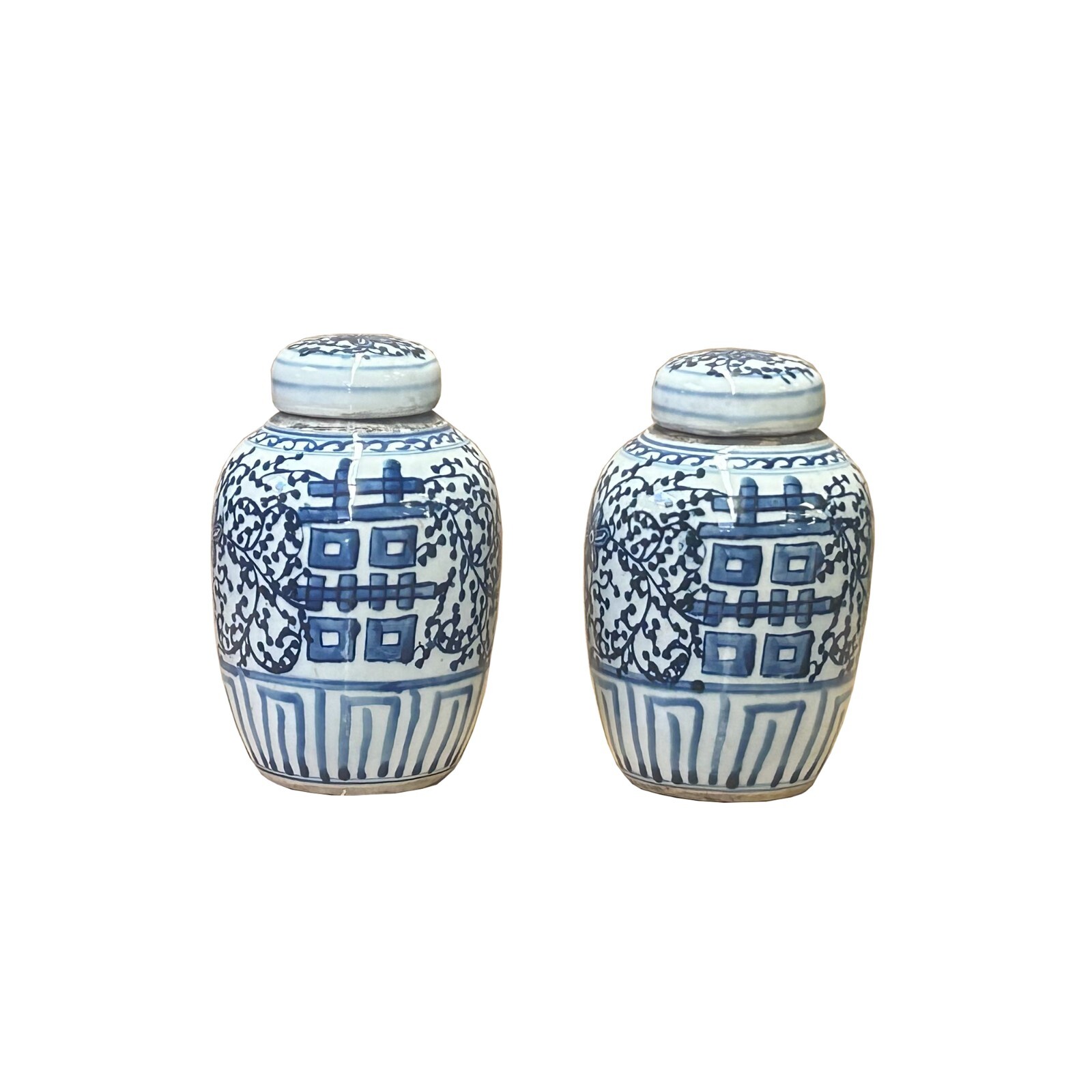 Pair Oriental Blue White Porcelain Double Happiness Character Jars ws4239S Pair Oriental Blue White Porcelain Double Happiness Character Jars ws4239S