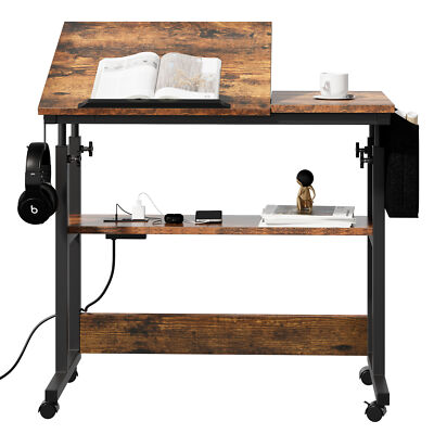 Rolling Laptop Desk Adjustable Height Computer Table Stand up with Power Outlets