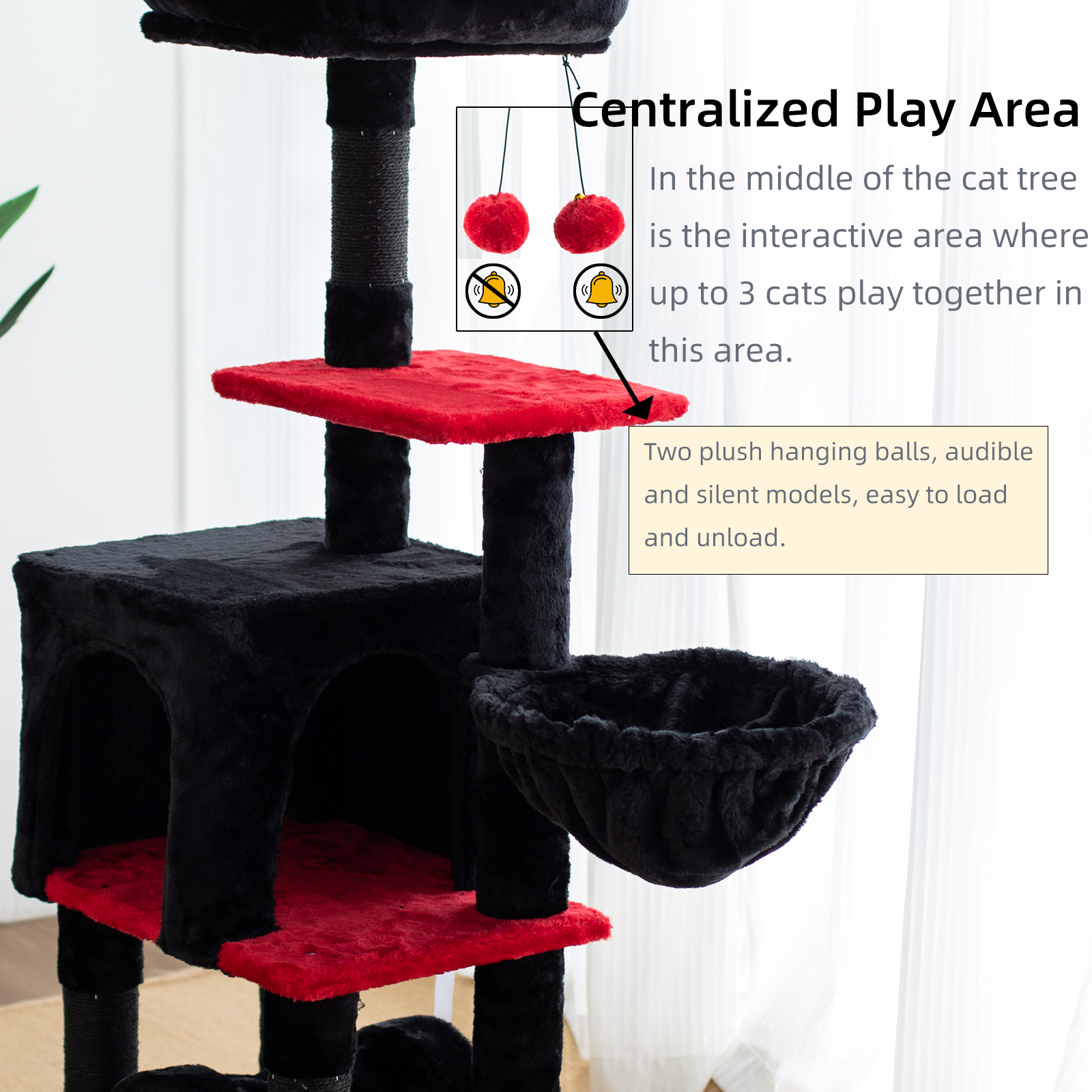 GOXIFACHOY Cat Tree Tower with Tunnel,Condo,Two Plush hanging ball,Large Cat Toy