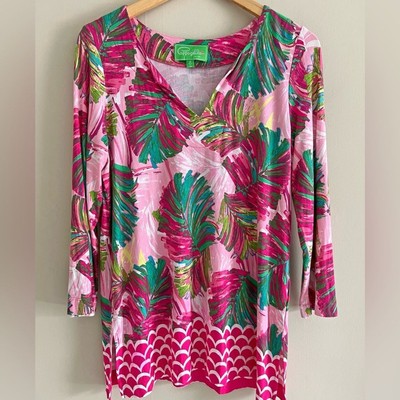 PAPPAGALLO tropical palm leaf print boho chic beach coastal knit top