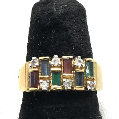 Vintage unSigned Gold Plated  Multi Color  Rhinestone  Elegant  Ring  7