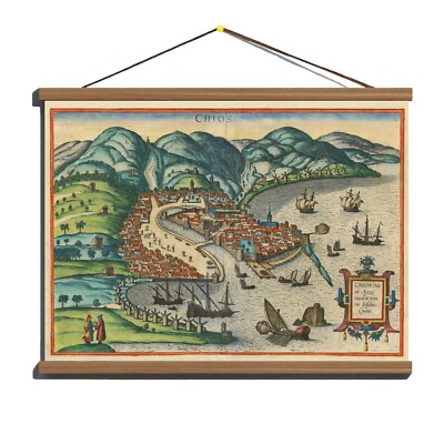 Ancient 1599 Old Antique Map Of Aegean Island Chios Greece; Canvas Wooden Hanger