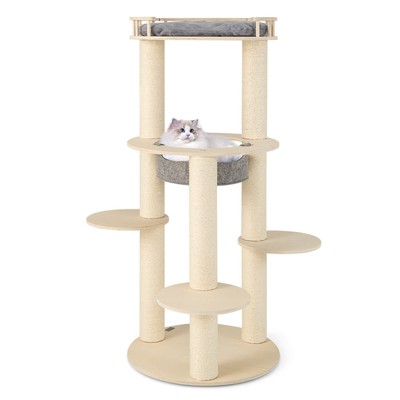 6-level Wooden Cat Tree w/ Padded Perch  Non-woven Hammock Scratching Posts