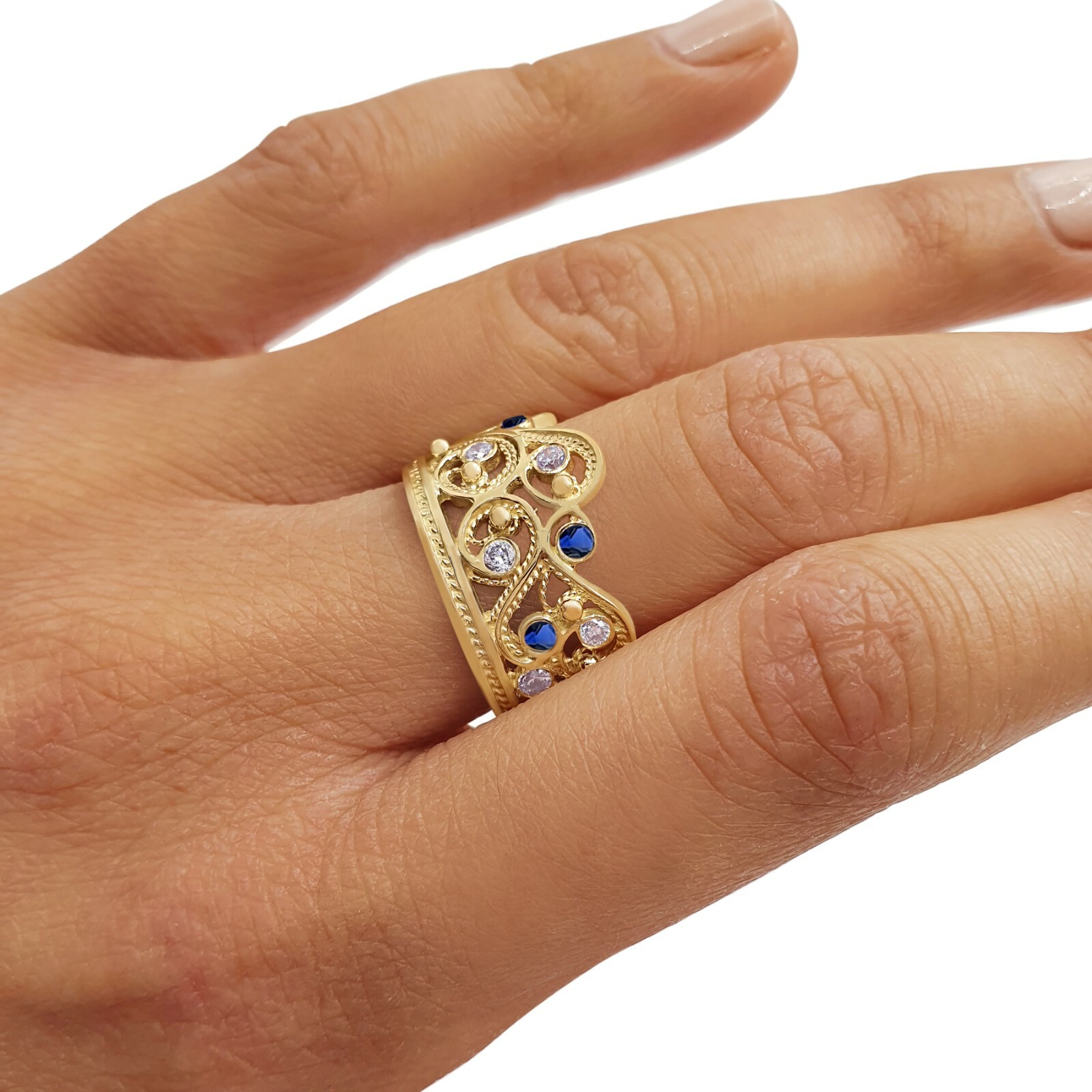 Pre-owned Handmade Deluxe 14k Yellow Gold Blue Sapphire Lavender Stone Filigree Crown Ring