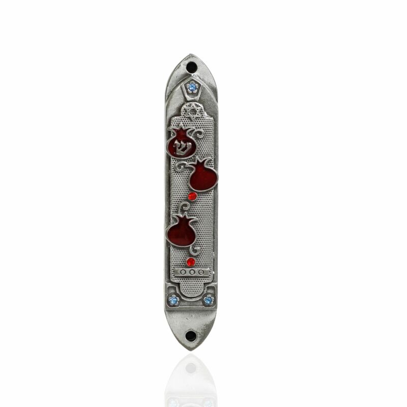 Pewter enameled Pomegranate Blue Red Stones - Mezuzah (3.5 Inches with Scroll)