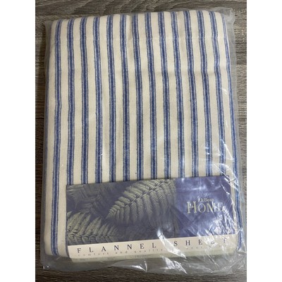 L.L. Bean Flannel Twin Flat Sheet Atlantic Blue Striped Nautical NIP