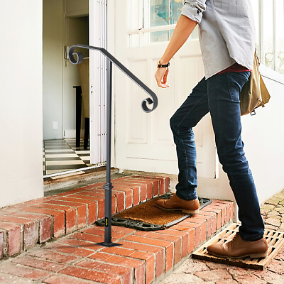 VEVOR Single Post Handrail Wrought Iron Fit 1-2 Step Gray Grab Hand Rail W/ Base