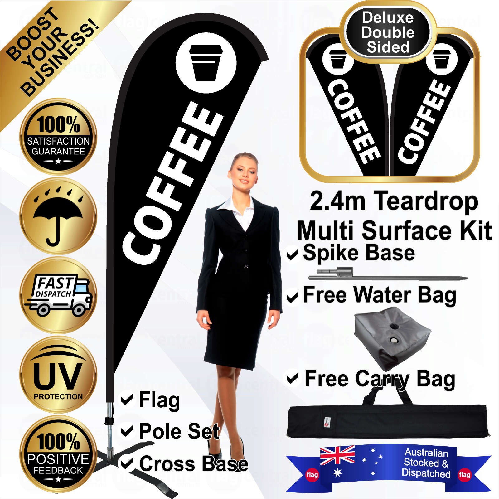 COFFEE with a Takeaway Cup Deluxe Double-Sided Black 2.4m Teardrop Flag / Banner Kit with Pole Set, Galvanised Steel Ground Spike, Steel Outdoor Cross Base, Free 15kg Water Bag and a Free Carry Bag