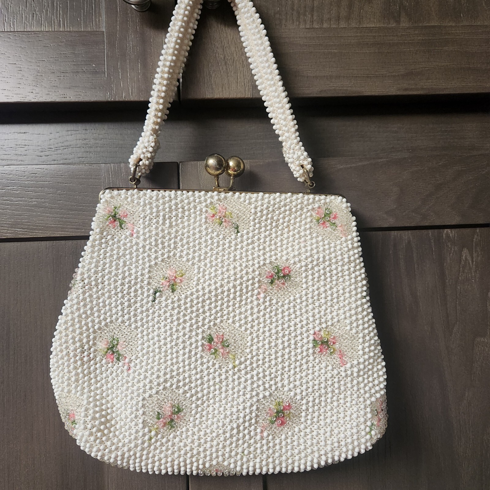 Lumured Corde Petite Beaded Vtg 50s Kiss Lock Bag Purse Ivory Floral Embroidered