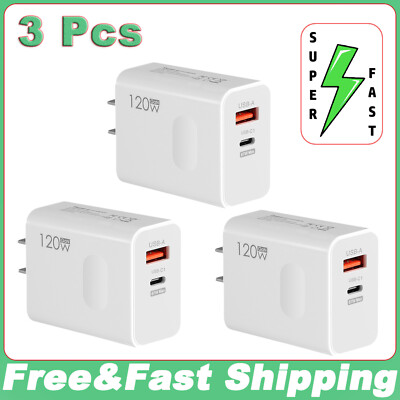 3Pcs PD 120W Fast Charger Adapter USB C Wall Power Dual Ports For iPhone Samsung