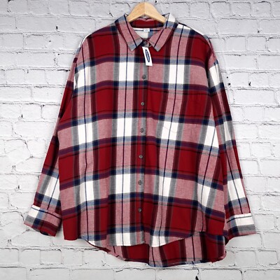 Old Navy Flannel Shirt Womens XL Red White Plaid Cotton Boyfriend Flannel Shirt
