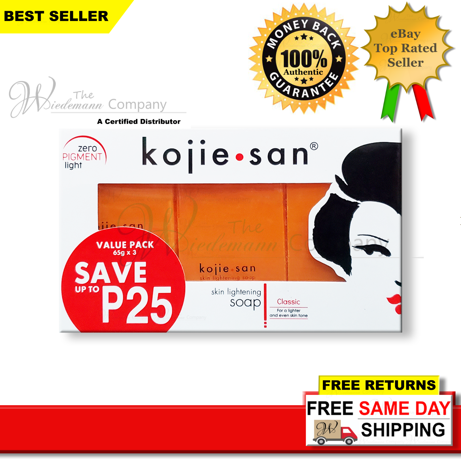 Original Kojie San Skin Lightening Kojic Acid Soap 65g x 3 B