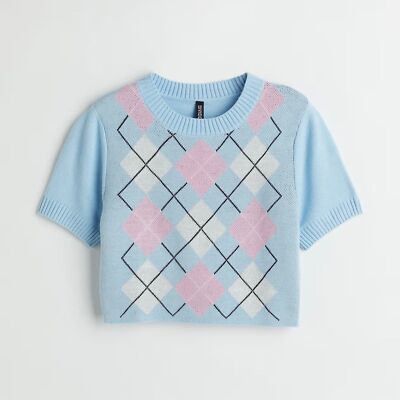 H&M Divided | Blue Argyle Knit Crop Top | Large 