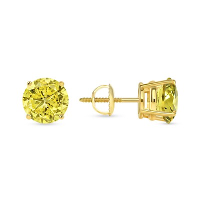 Pre-owned Shine Brite With A Diamond 6 Ct Round Cut Canary Earrings Studs Solid 14k Yellow Gold Screw Back Basket In White/colorless
