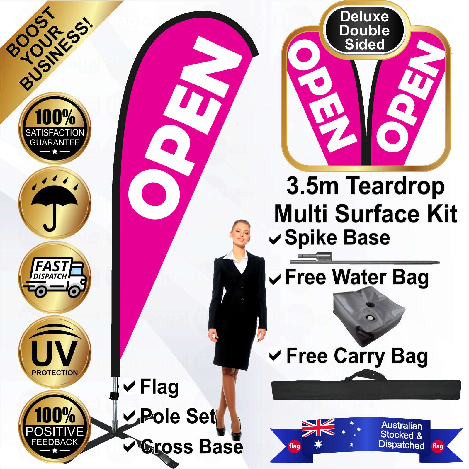 OPEN Deluxe Double-Sided Pink 3.5m Teardrop Flag / Banner Kit with Pole Set, Galvanised Steel Ground Spike, Steel Outdoor Cross Base, Free 15kg Water Bag and a Free Carry Bag