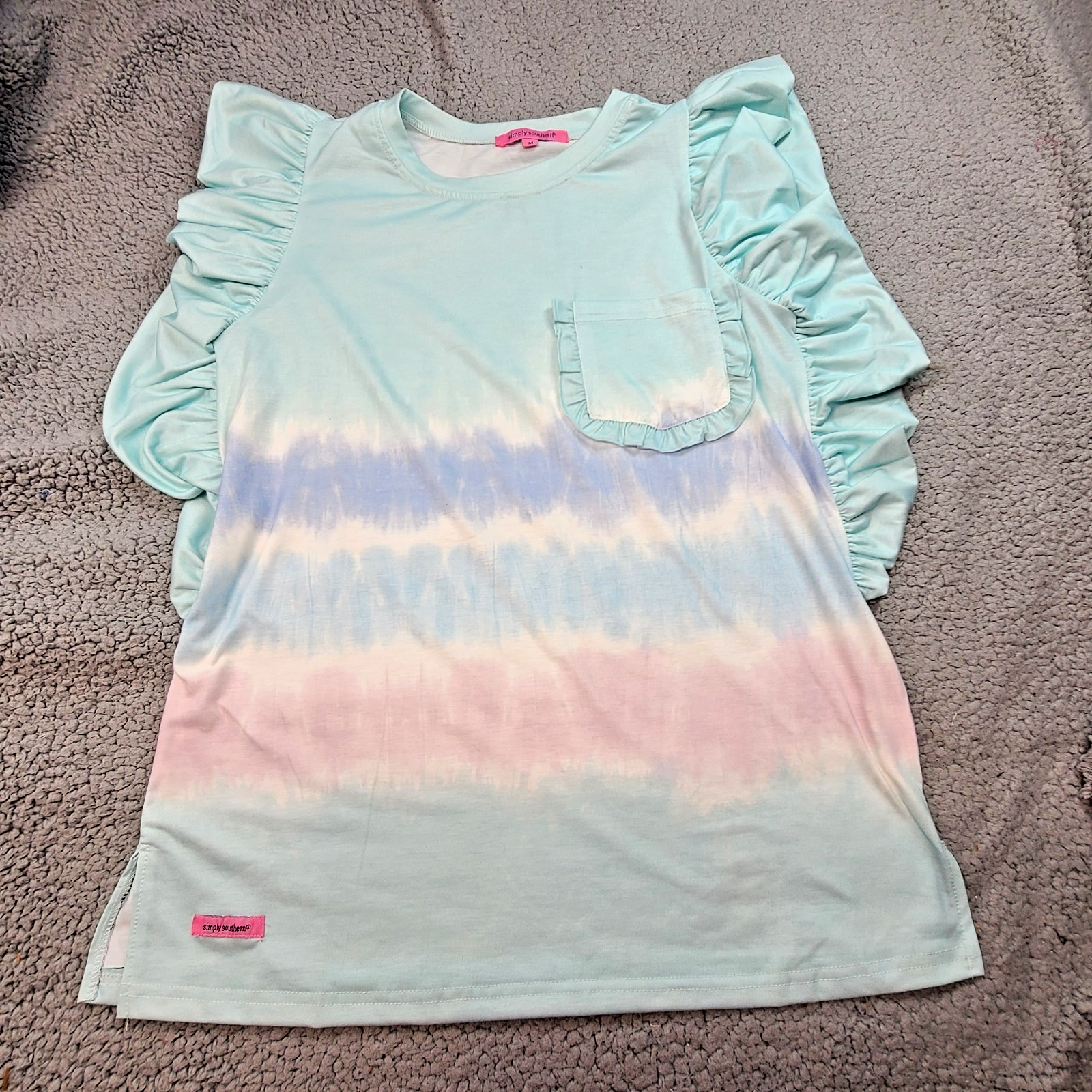 Simply Southern Women’s Tie Dye Pink Ruffle Sleeve Top Size M Shirt Pocket Pink