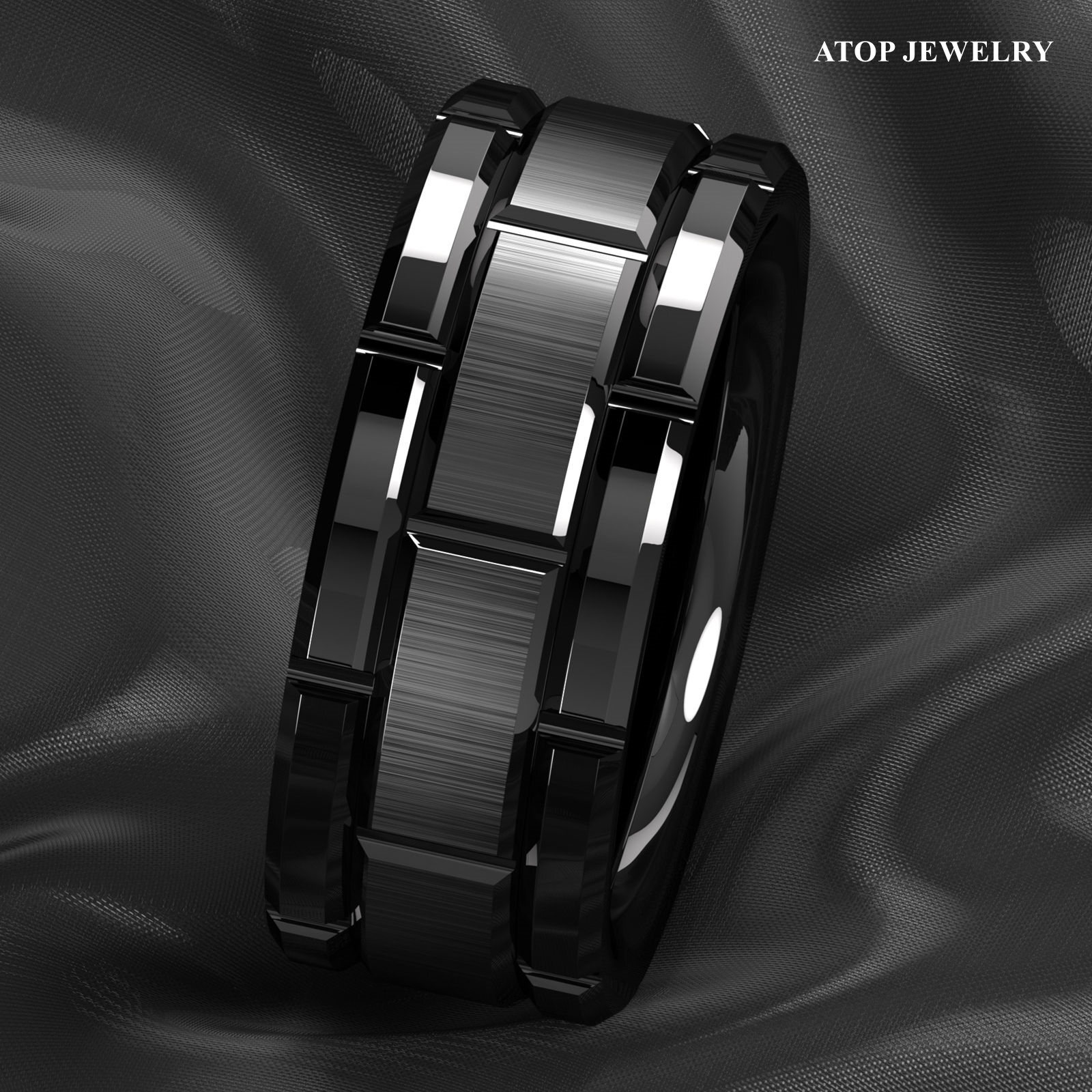 8mm Black Tungsten Carbide Ring Bushed Brick Pattern ATOP Men Wedding Band
